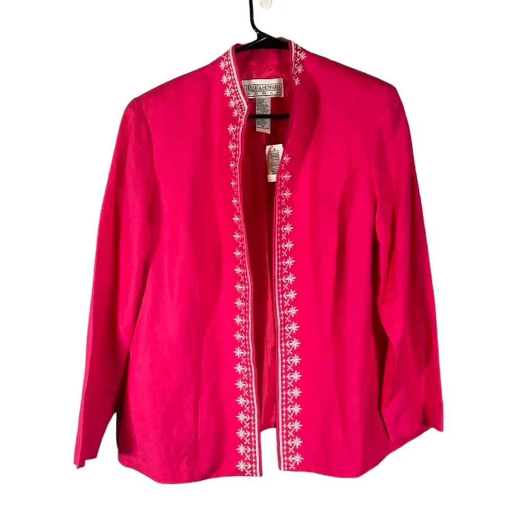 Jessica Howard Pink Floral Trim Opened Mock Neck Barbie Blazer Women Sz 14 VTG